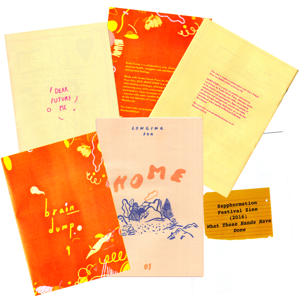 ✄ Collaborative zines: on the themes of belonging, migration, mental health and feminism. You pick them up at my next zine fair or workshop!